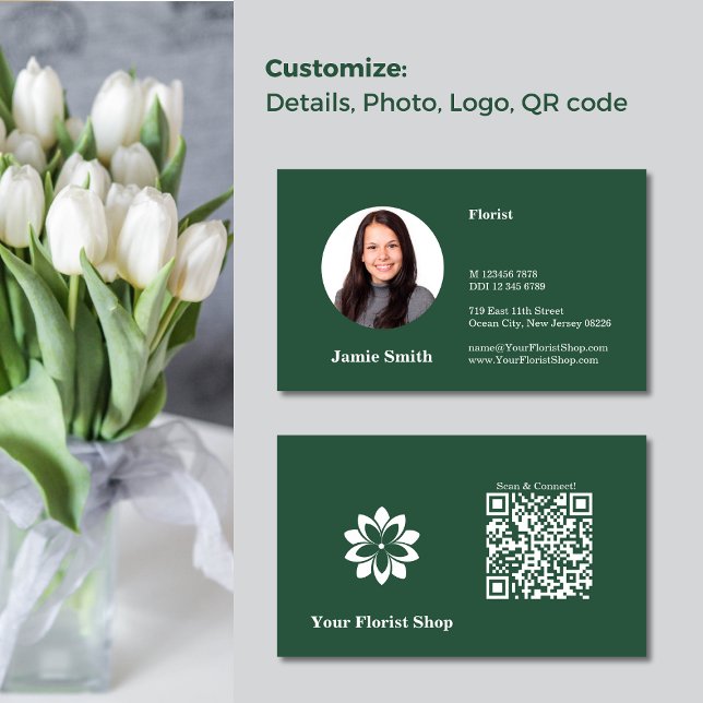 Fidelización Tarjeta de visita Connect, Florist Green & White P (Connect, Florist Green & White Photo Business Card, Logo Template, QR code)