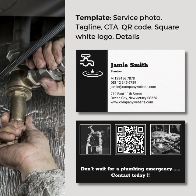 Fidelización Tarjeta profesional de presentación de platos en b (Professional Black & White Plumber Business Card, Photos, Logo, QR code, Slogan, CTA)
