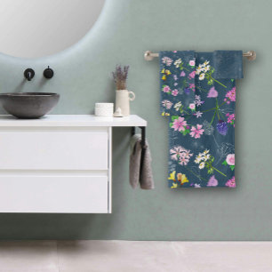 Field flowers, hand-painted in watercolour on blue