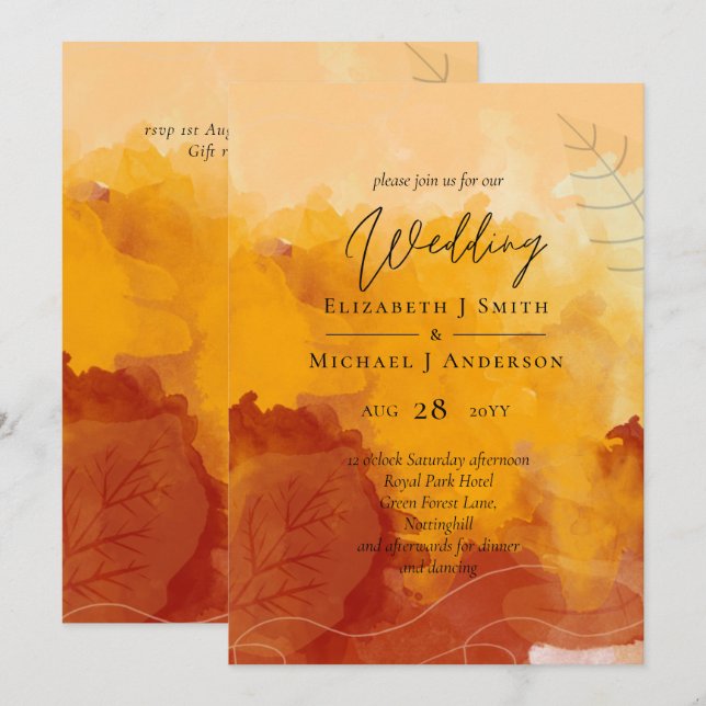 Fiery Naranja Watercolor Abstract Sunset Boda (Anverso / Reverso)