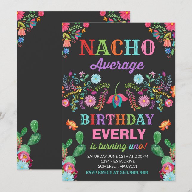 Fiesta 1er cumpleaños Invitación Nacho Fiesta prom (Anverso / Reverso)