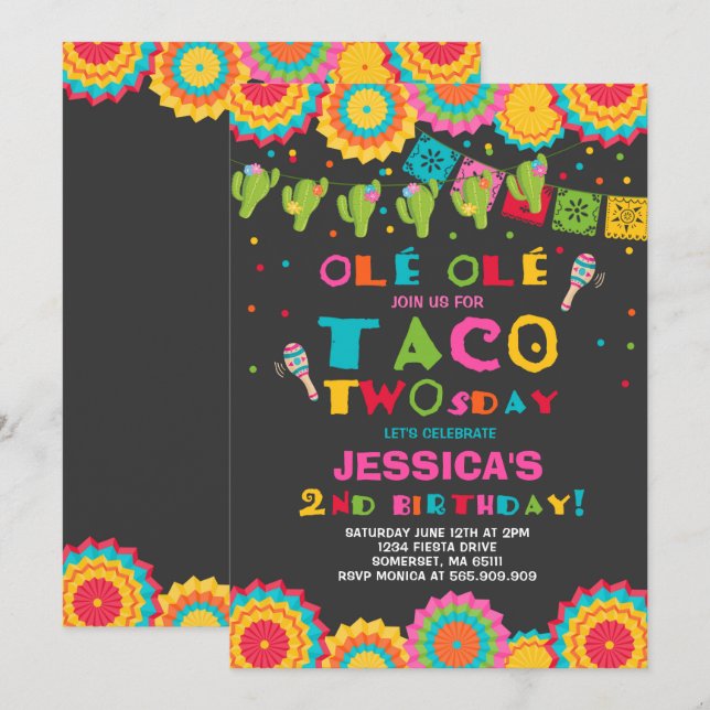 Fiesta 2ª Invitación de cumpleaños Fiesta Taco Two (Anverso / Reverso)