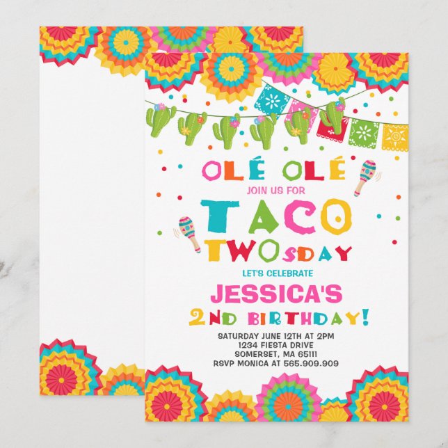 Fiesta 2do cumpleaños Invitación Taco dos días Fie (Anverso / Reverso)
