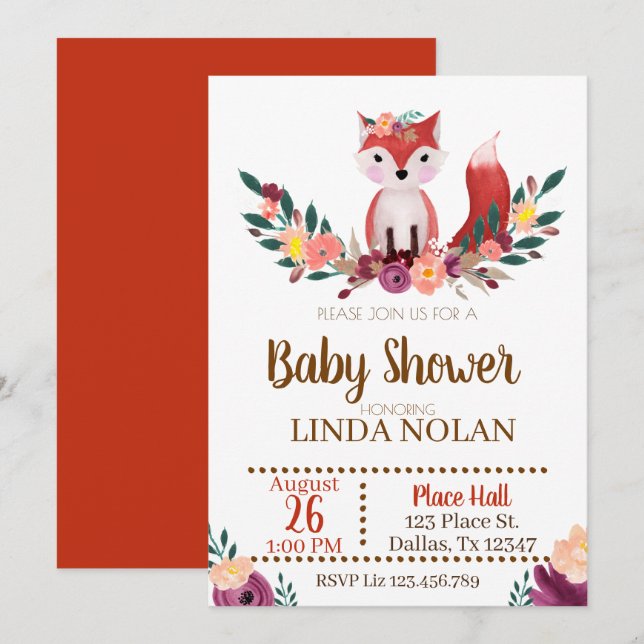 Fiesta animal de la invitación del Fox Baby Shower (Anverso / Reverso)