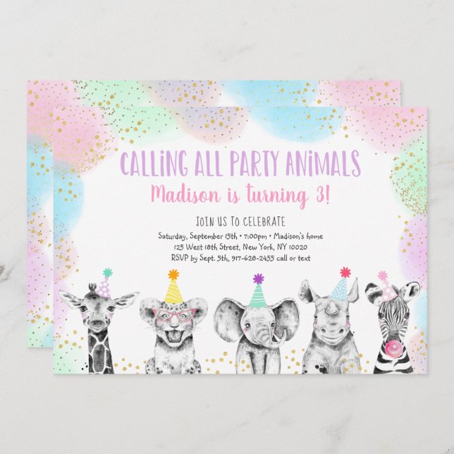 Fiesta Animales Chica Safari Invitación al cumplea (Anverso / Reverso)