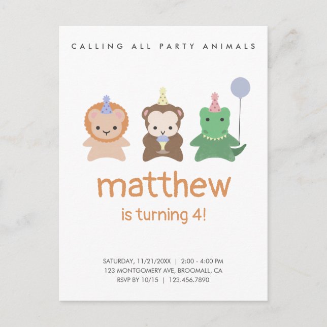 Fiesta Animales Cumpleaños Invitación simple (Anverso)