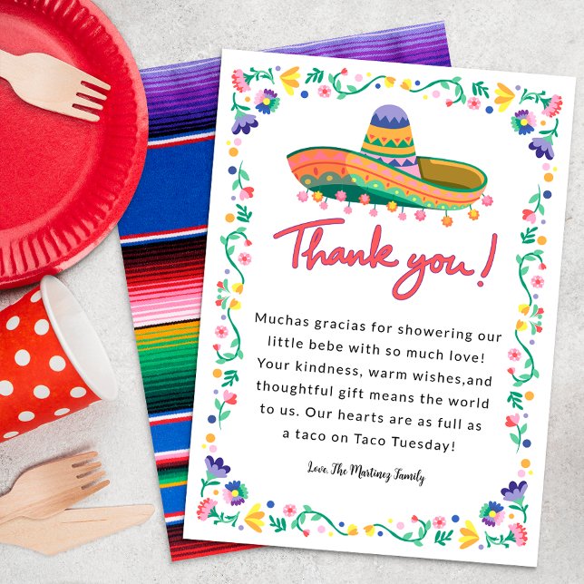 Fiesta Baby Shower Gracias Tarjeta - Floral Sombre (Sombrero thank you card)