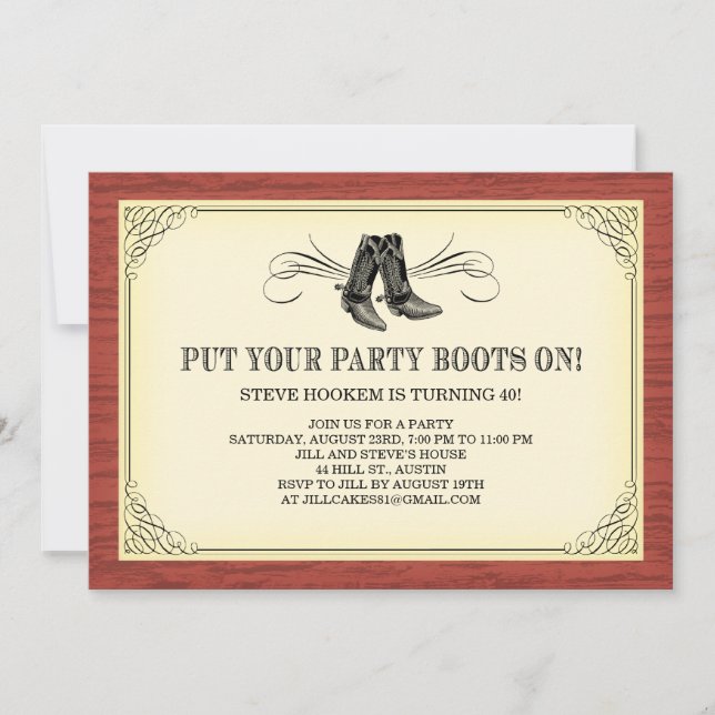 Fiesta bota viejas invitaciones occidentales (Anverso)