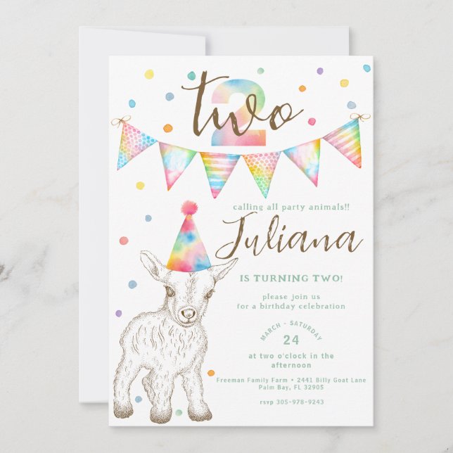 Fiesta Cabra Animal 2º cumpleaños Invitación a niñ (Anverso)