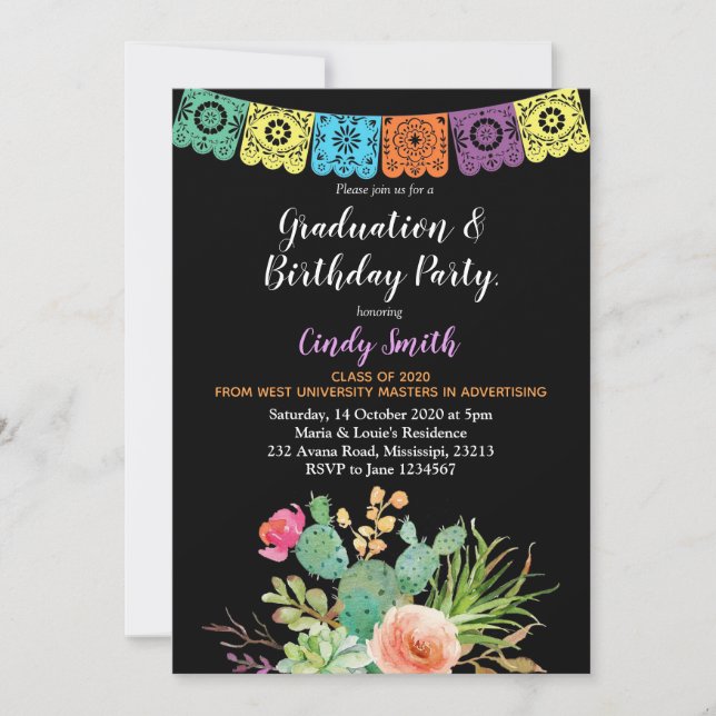 Fiesta cactus Graduation Party Invitación negro (Anverso)