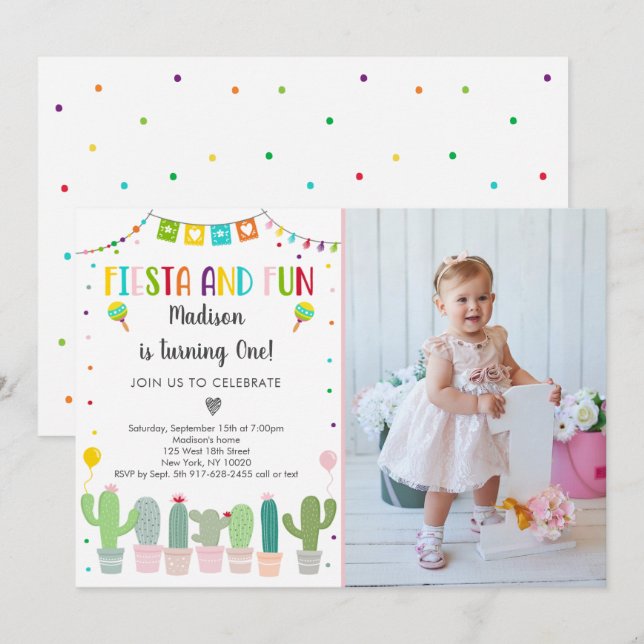 Fiesta Cactus Primera Invitación de Cumpleaños (Anverso / Reverso)