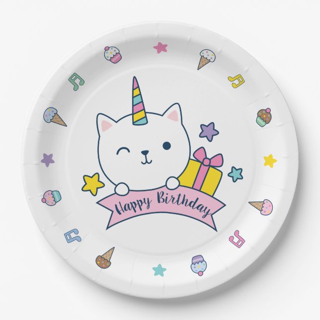 Fiesta Caticornio | Plato de Papel | Blanco (Anverso)