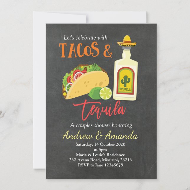 Fiesta Chalkboard Tacos y Tequila Invitación (Anverso)
