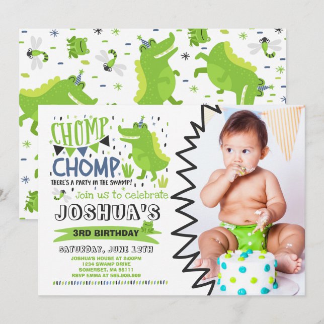 Fiesta cocodrilo de la invitación de cumpleaños de (Anverso / Reverso)