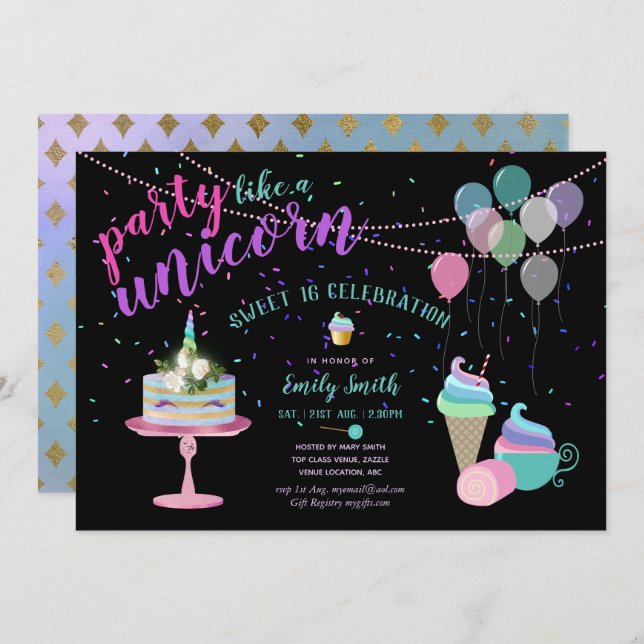 Fiesta como un UNICORNIO Invitación Divertida para (Anverso / Reverso)