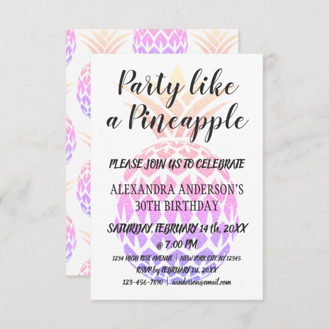 Fiesta como una piña cualquier edad Invitación a c (Anverso / Reverso)