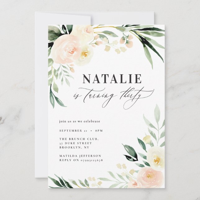 Fiesta de 30º cumpleaños de Peach watercolor flora (Anverso)