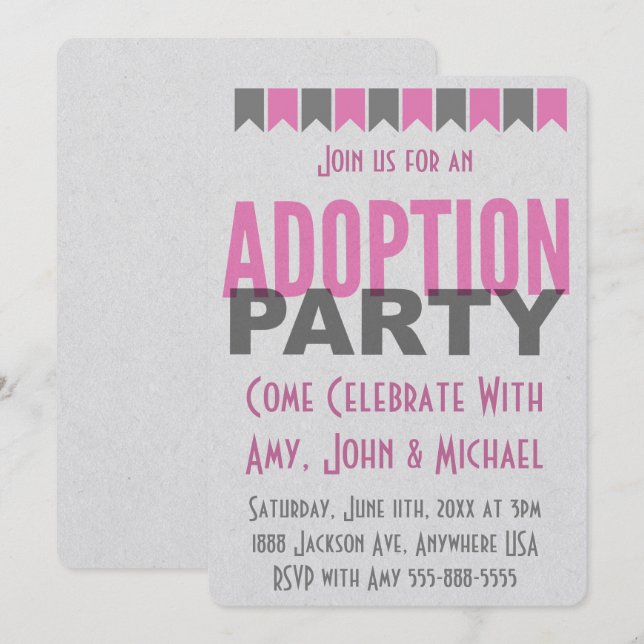 Fiesta de adopción Invitaciones rosadas modernas (Anverso / Reverso)