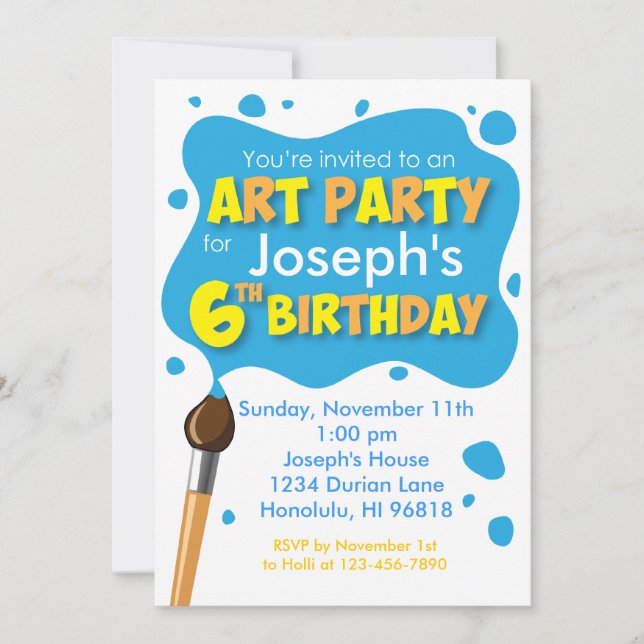 Fiesta de arte 6º cumpleaños Invitación a niño (Anverso)
