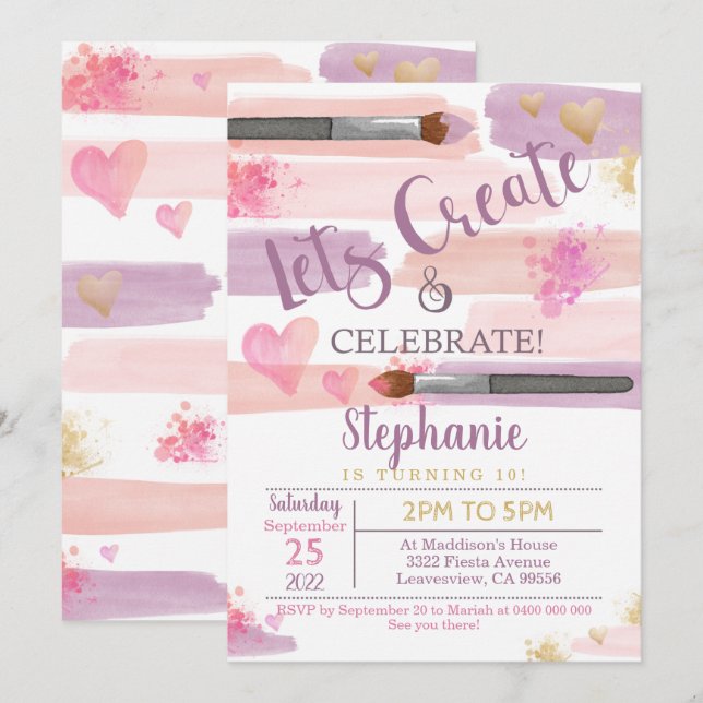 Fiesta de arte Chica de invitaciones de cumpleaños (Anverso / Reverso)