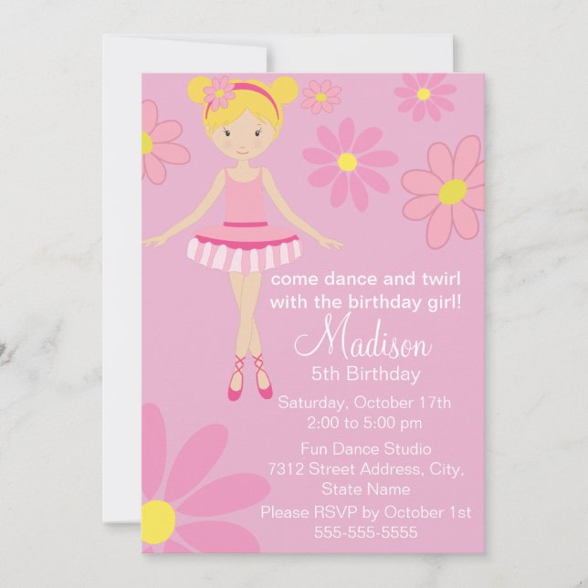 Fiesta de Baile Rosa Ballerina Invitación de cumpl (Anverso)