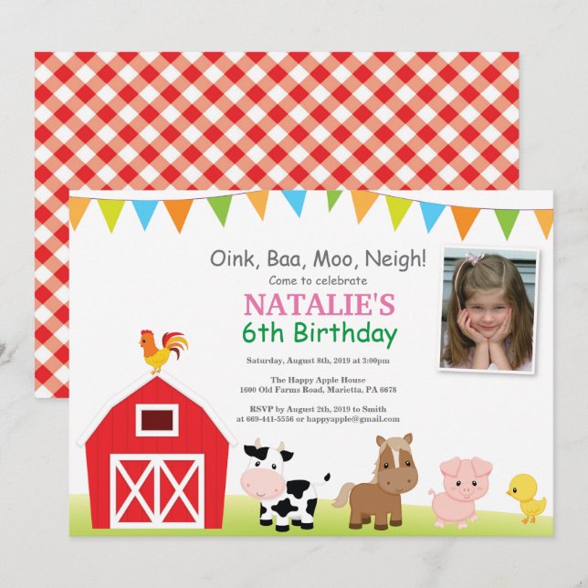 Fiesta de Barnyard Invitación a cumpleaños de gran (Anverso / Reverso)