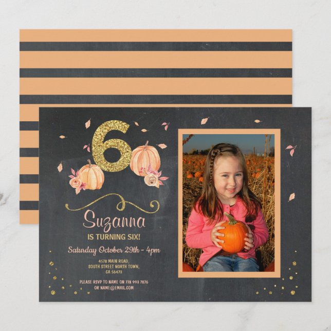 Fiesta de Calabaza 6 cumpleaños Invitación a foto (Anverso / Reverso)