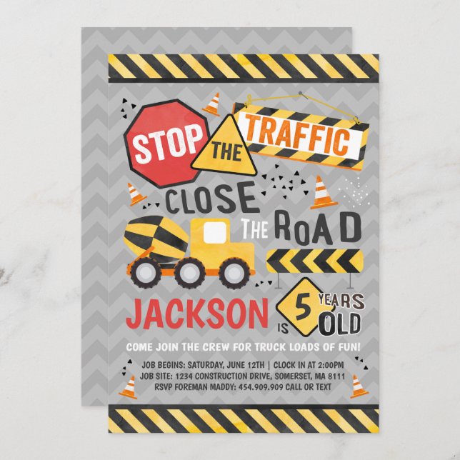 Fiesta de camión de volcado de invitación de cumpl (Anverso / Reverso)