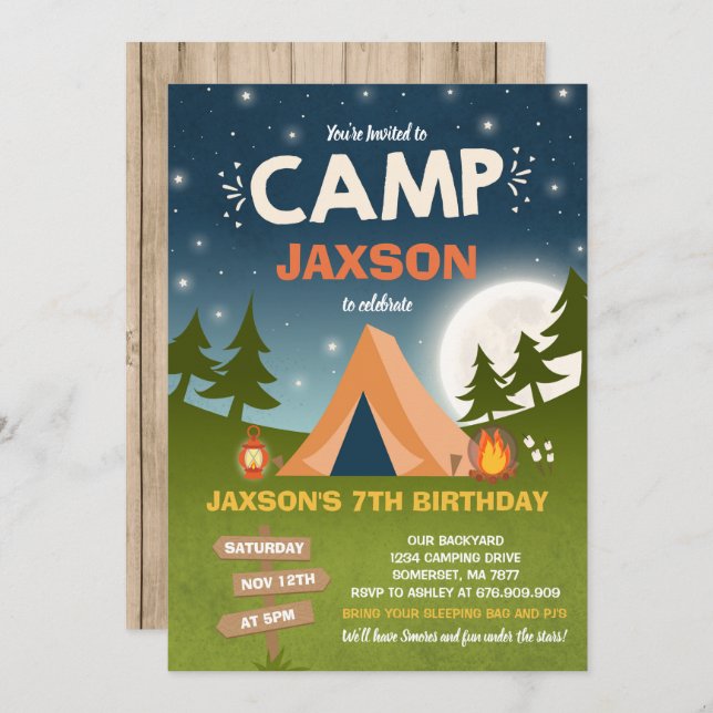 Fiesta de campamento de invitaciones de cumpleaños (Anverso / Reverso)
