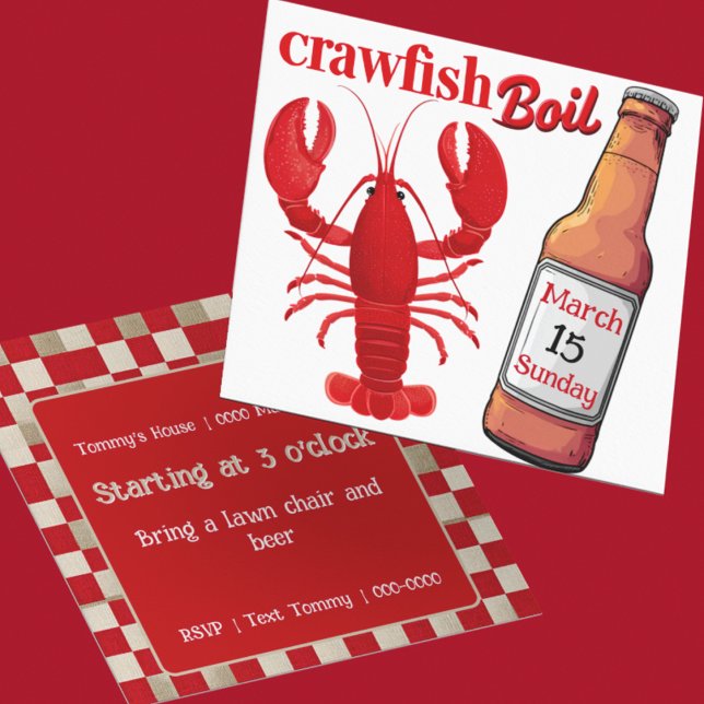 Fiesta de cangrejos de río, mudbugs y cerveza (Customize the front and back of this cute Crawfish Boil party invitation)