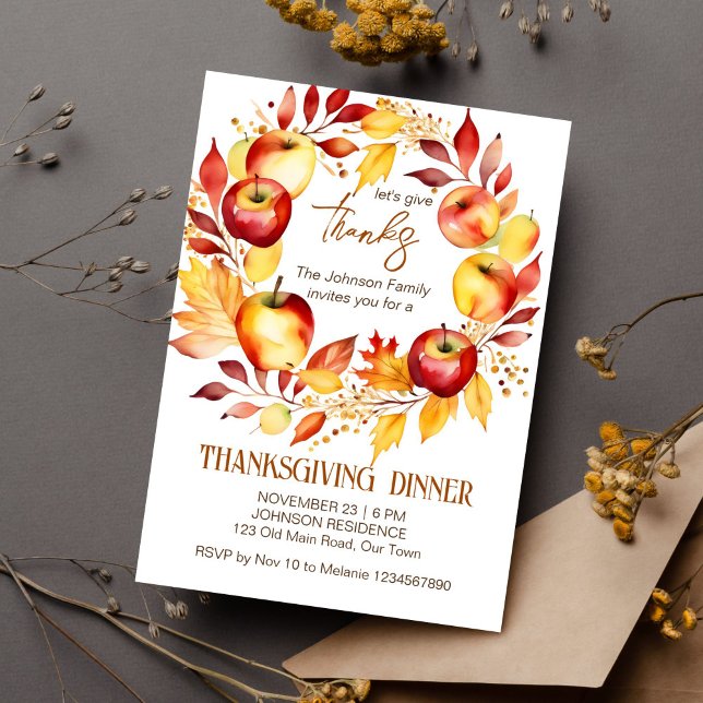 Fiesta de cena de Acción de Gracias plantilla de g (Thanksgiving dinner party editable template invitation digital download apple fall leaves wreath )
