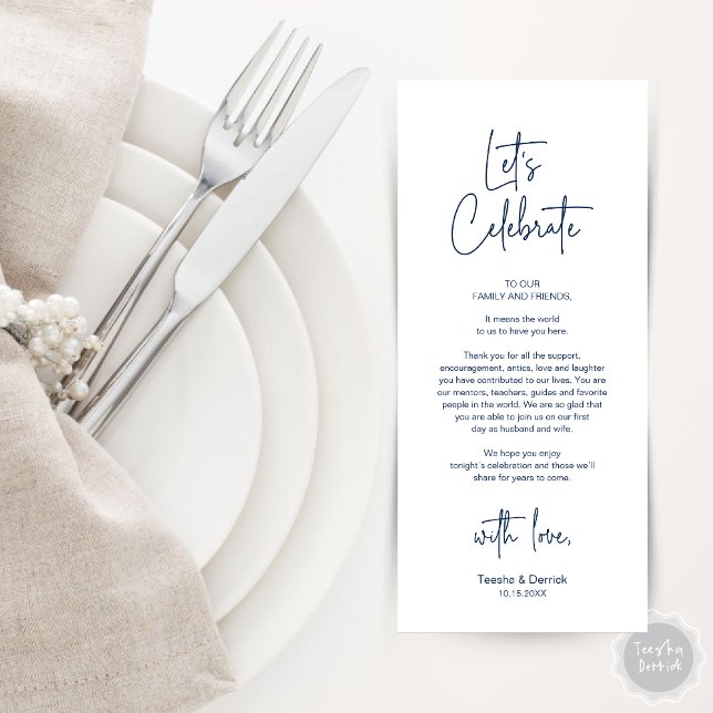Fiesta De Cena De Lugar Moderno Tarjeta De Agradec (Modern Wedding Place Setting Dinner Party Thank You Card in Navy Blue)
