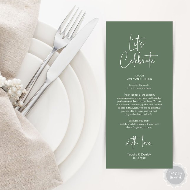Fiesta De Cena De Lugar Moderno Tarjeta De Agradec (Modern Wedding Place Setting Dinner Party Thank You Card in Forest Sage Green)