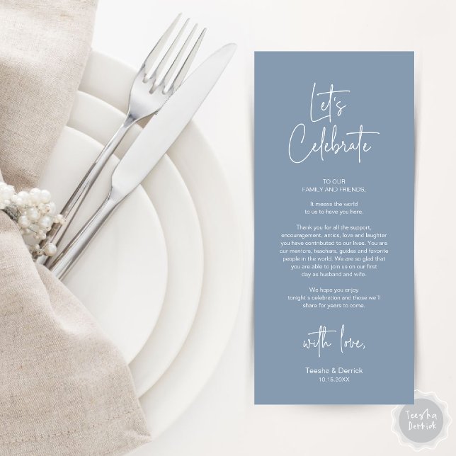 Fiesta De Cena De Lugar Moderno Tarjeta De Agradec (Modern Wedding Place Setting Dinner Party Thank You Card in Dusty Blue)