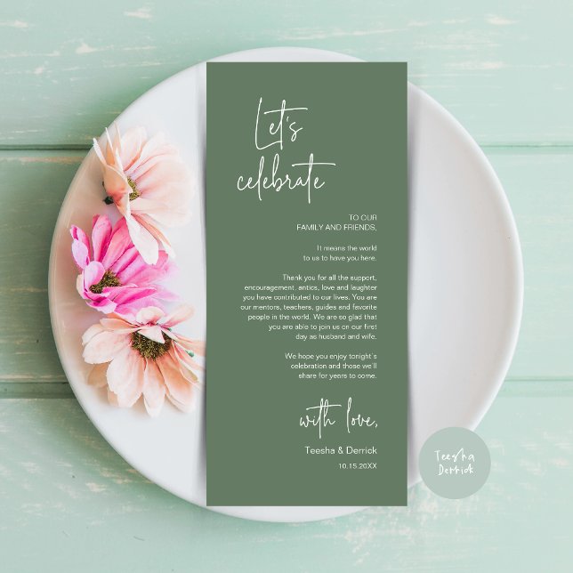Fiesta De Cena De Lugar Moderno Tarjeta De Agradec (Modern Wedding Dinner Place Setting Dinner Party Thank You Card, in Sage Green)
