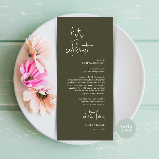 Fiesta De Cena De Lugar Moderno Tarjeta De Agradec (Modern Wedding Dinner Place Setting Dinner Party Thank You Card, in Olive Green)