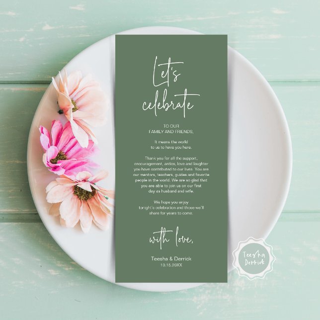Fiesta De Cena De Lugar Moderno Tarjeta De Agradec (Let's Celebrate, Wedding Dinner Place Setting Thank You Card, Modern Plate Decor, Forest Sage Green)