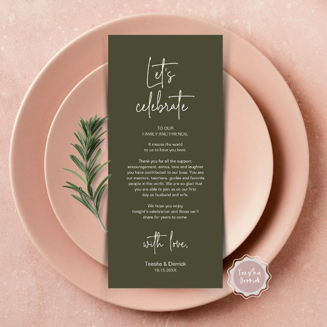 Fiesta De Cena De Lugar Moderno Tarjeta De Agradec (Let's Celebrate, Wedding Dinner Place Setting Thank You Card, Modern Plate Decor, Olive Green)