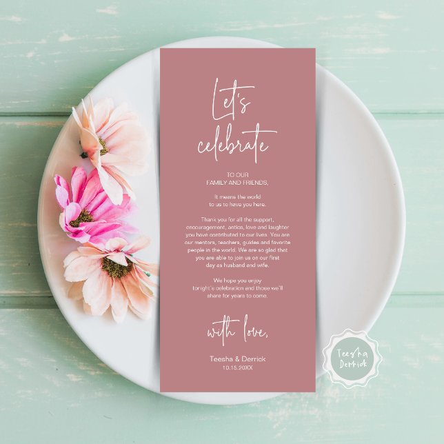 Fiesta De Cena De Lugar Moderno Tarjeta De Agradec (Let's Celebrate, Wedding Dinner Place Setting Thank You Card, Modern Plate Decor, in Dusty Rose Pink)