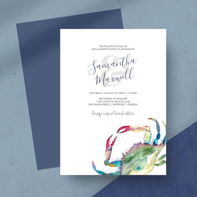 Fiesta de Compromiso de Cangrejo Costero con Acuar (Engagement party invitations watercolor crab art by Victoria Grigaliunas)