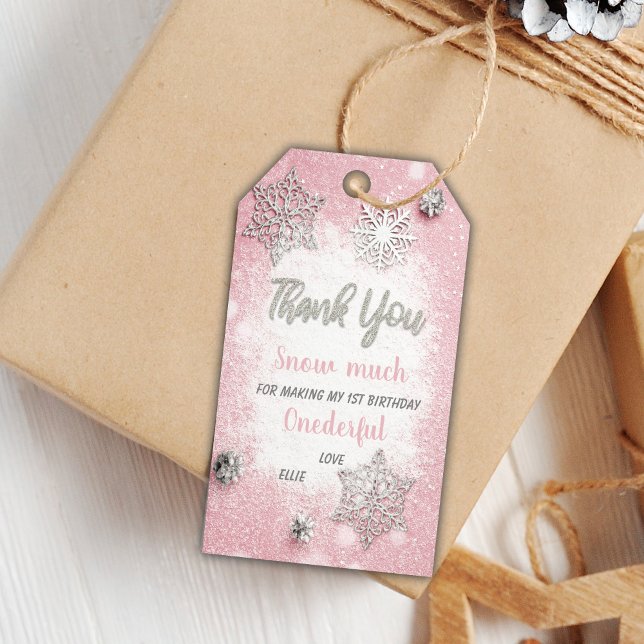 Fiesta de copos de nieve editable Gracias etiqueta (Pink Winter Birthday Favor Tags)