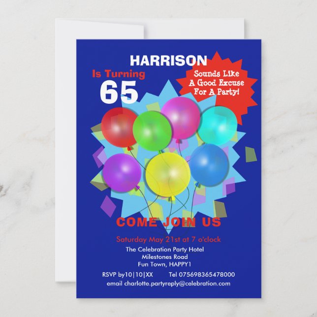 Fiesta de cumpleaños 65ª invitación personalizada (Anverso)