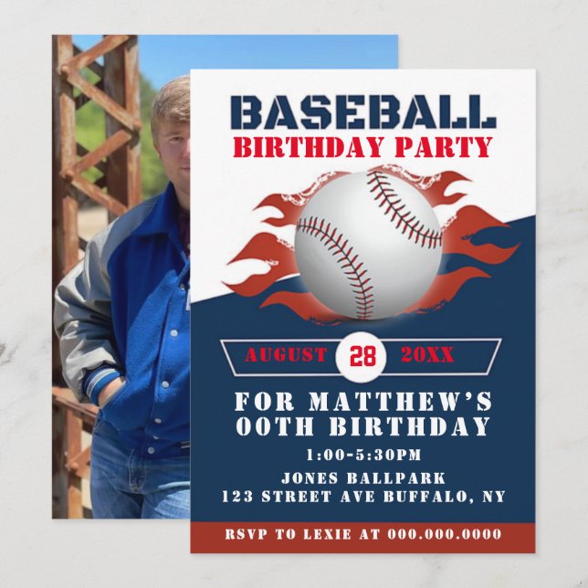 Fiesta de cumpleaños de béisbol agrega invitacione (Anverso / Reverso)