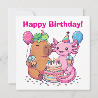 Fiesta de Cumpleaños de Capybara y Axolotl Kawaii