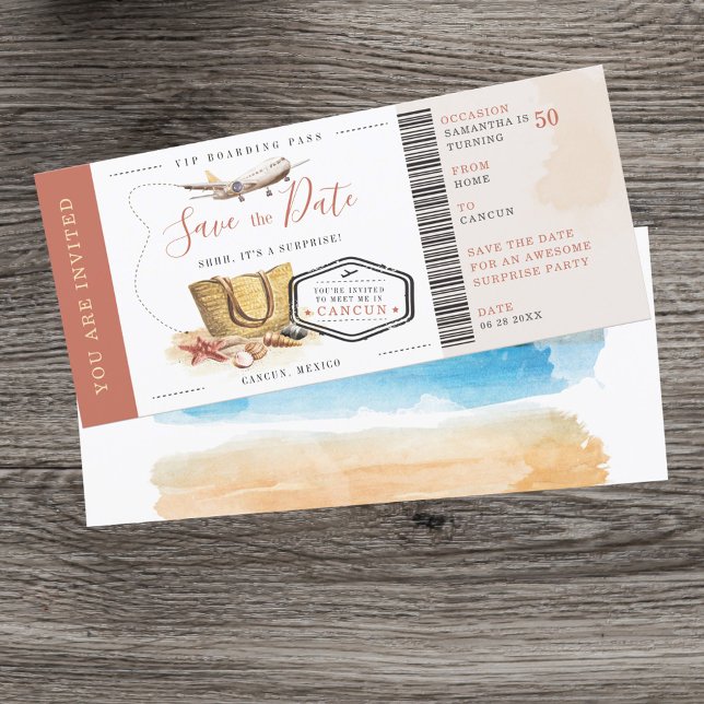 Fiesta de cumpleaños de destino de sorpresas de ta (50th Birthday Party Save the Date Invitation)