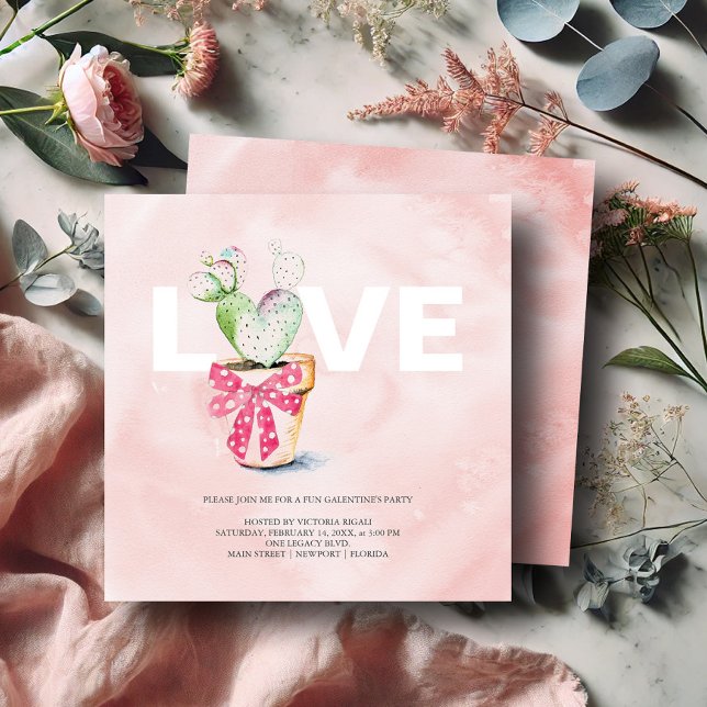 Fiesta de cumpleaños de las invitaciones de galant (Galentines invitations watercolor heart shaped cactus art by Victoria Grigaliunas DoTellABelle)
