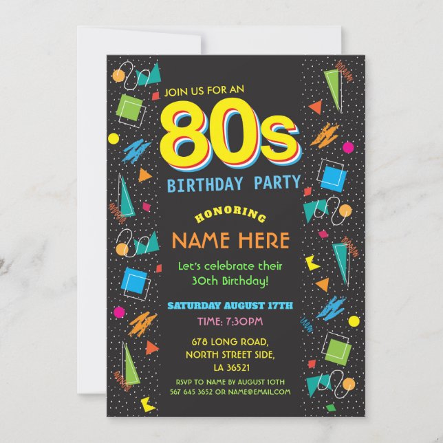 Fiesta de cumpleaños de los años 80 Invitaciones d (Anverso)
