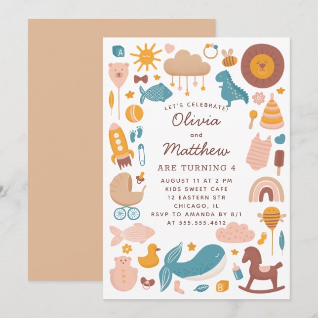 Fiesta de cumpleaños de los niños gemelos. juguete (Anverso / Reverso)