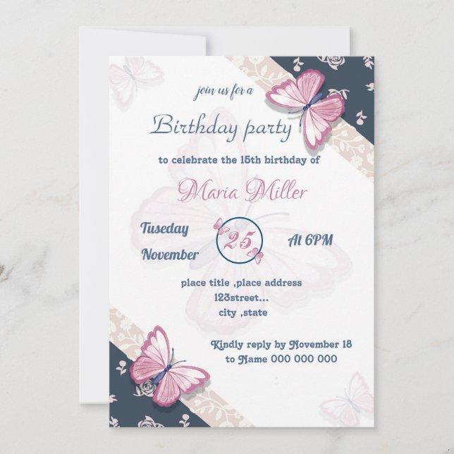 fiesta de cumpleaños de mariposas rosa azul marino (Anverso)