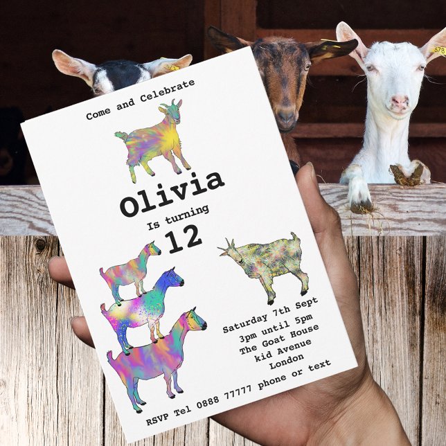 Fiesta de cumpleaños de niñas Cabras divertidas Co (Cute goats colorful farm animal art 12th birthday party budget invitation )